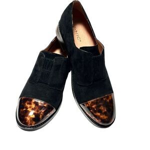 Vionic Black Suede Loafers with Tortoiseshell Cap Toe
